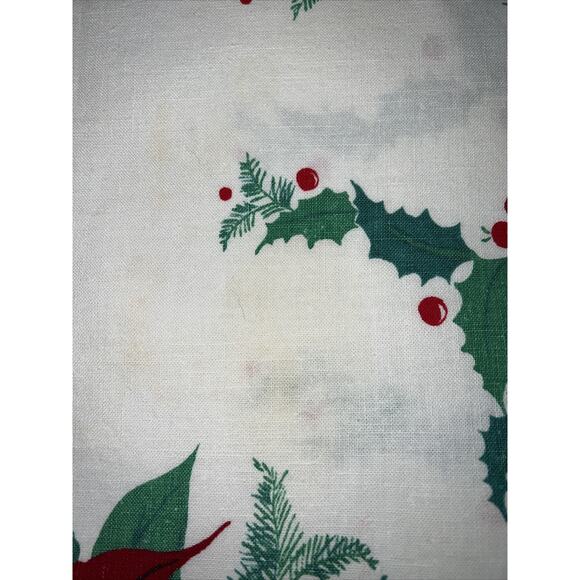 Vtg Christmas Red Poinsettia Holly Tablecloth 84x51” Rectangular Fabric FLAWS - Picture 7 of 16